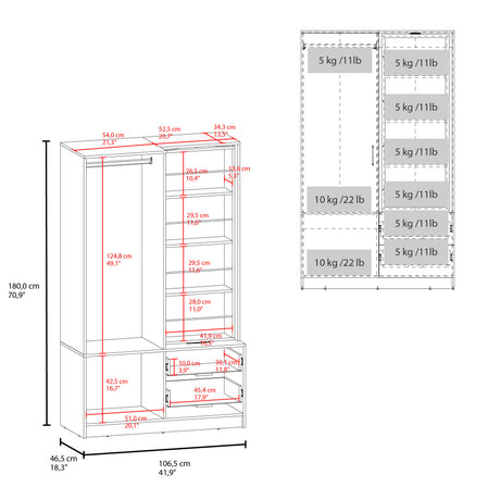 Seville 71' High Mirror Armoire, One Door Cabinet, Two Drawers , Hanging Rod, Rotating Mirror And Shoe Rack, Two Shelves White - sold by Home Elegance USA