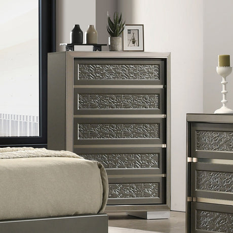 Contemporary Style Chest 1pc 5-Drawers Bracket Feet Leaf Pattern Felt Lined Top Drawers Dark Gray Finish