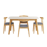 Mid-Century Modern 5-Piece Dining Set: Solid Rubberwood Table + 4 Gray Upholstered Chairs, White Oak Finish, Gray Fabric