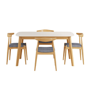 Mid-Century Modern 5-Piece Dining Set: Solid Rubberwood Table + 4 Gray Upholstered Chairs, White Oak Finish, Gray Fabric - sold by Home Elegance USA