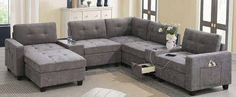 Modern Chenille U-Shaped Sectional Sofa with Acrylic Table Top, USB Charger, Storage Drawers, and Movable Ottoman in Gray - sold by Home Elegance USA