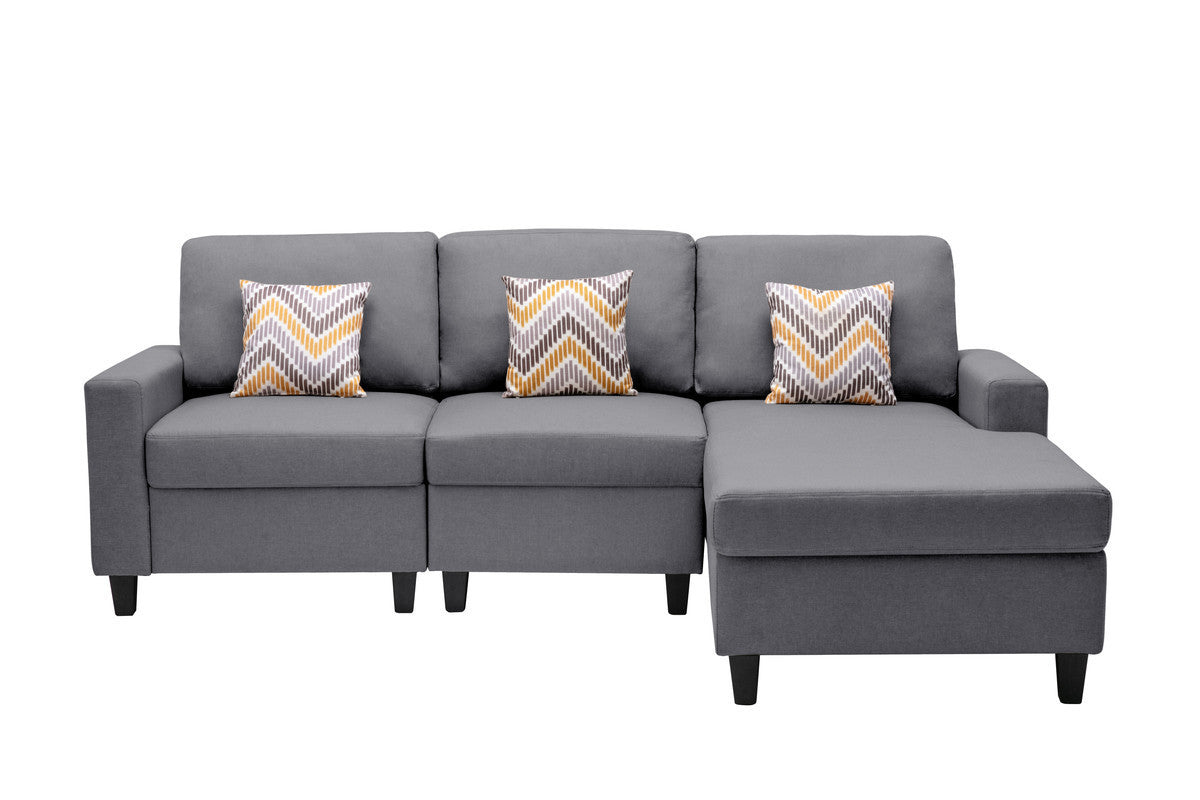 Nolan Gray Linen Fabric 3Pc Reversible Sectional Sofa Chaise with Pillows and Interchangeable Legs - Home Elegance USA