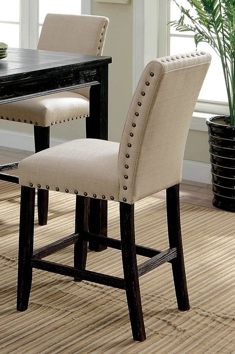 Rustic Style 5pc Counter Height Dining Table Set 1x Table 4x Chairs Fabric Chairs Bold Distressed Detail Nailhead Trim Antique Black Finish - sold by Home Elegance USA