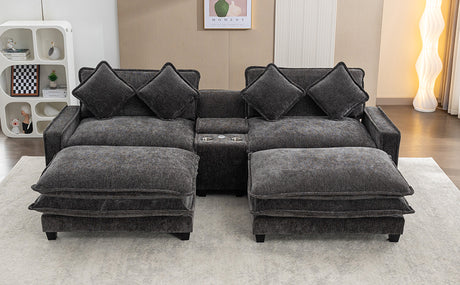 Modern Chenille Upholstered Sectional Sofa with Ottomans, USB Ports, Cup Holders, and Storage in Grey - sold by Home Elegance USA