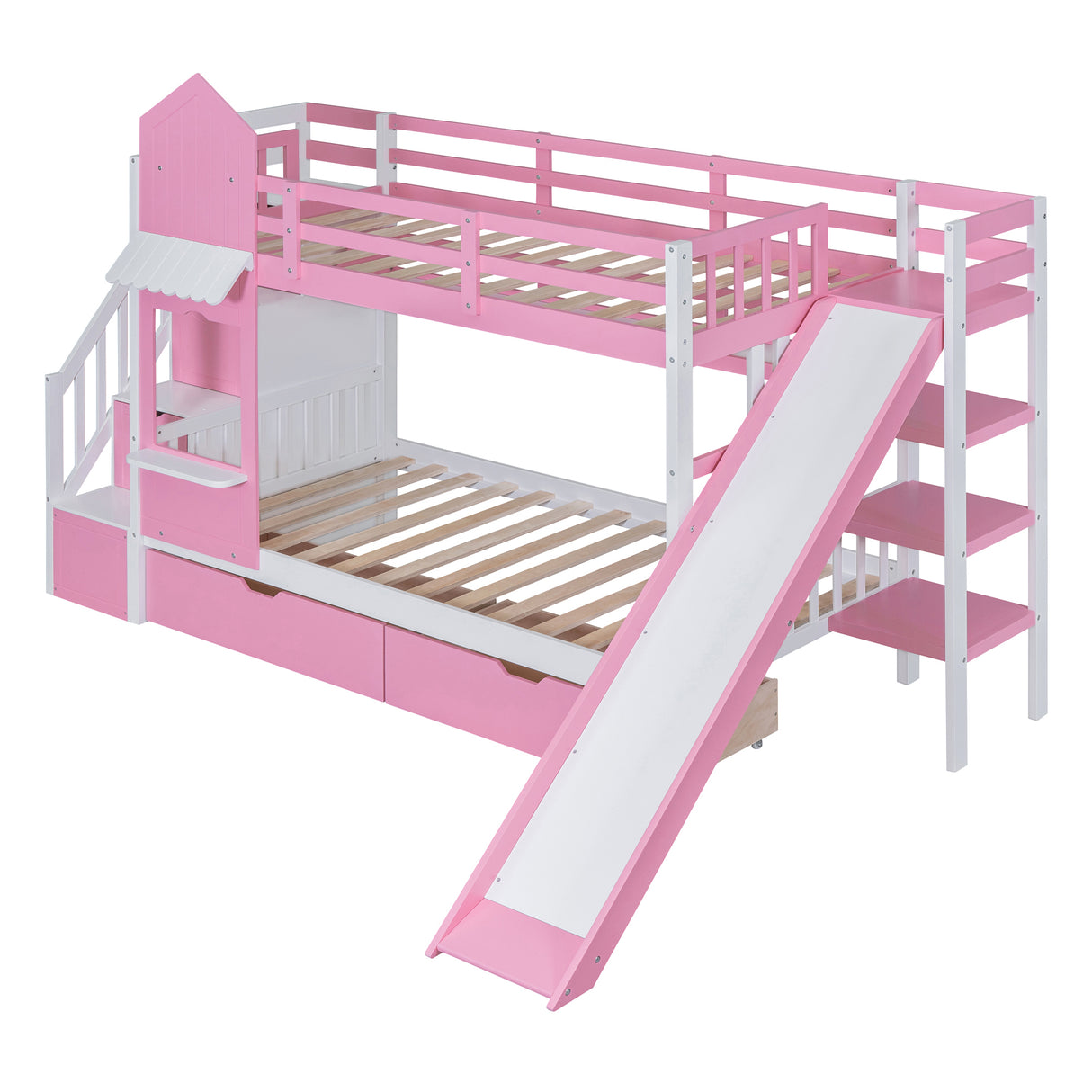 Twin-Over-Twin Castle Style Bunk Bed with 2 Drawers 3 Shelves and Slide - Pink - Home Elegance USA