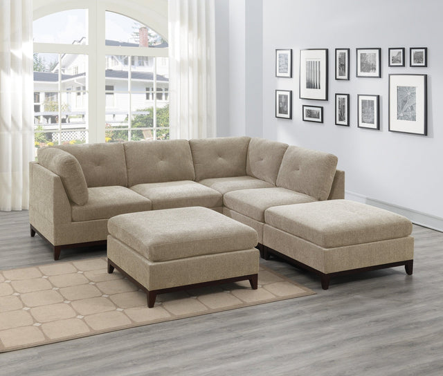 Camel Chenille Fabric Modular Sectional 6pc Set Living Room Furniture Corner L - Sectional Couch 2x Corner Wedge 2x Armless Chairs and 2x Ottomans Tufted Back Exposed Wooden Base | Home Elegance USA