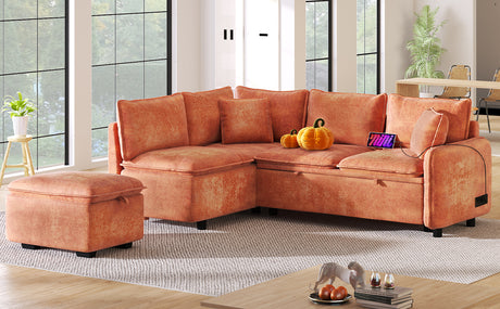 Convertible L-shaped Sofa Bed with Storage Ottoman, Power Sockets & USB Ports, Orange Chenille, 82.67' - sold by Home Elegance USA