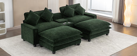 Chenille Upholstered 111' Sectional Sofa with Two Removable Ottomans, USB Ports, Cup Holders, and Storage, Green - sold by Home Elegance USA