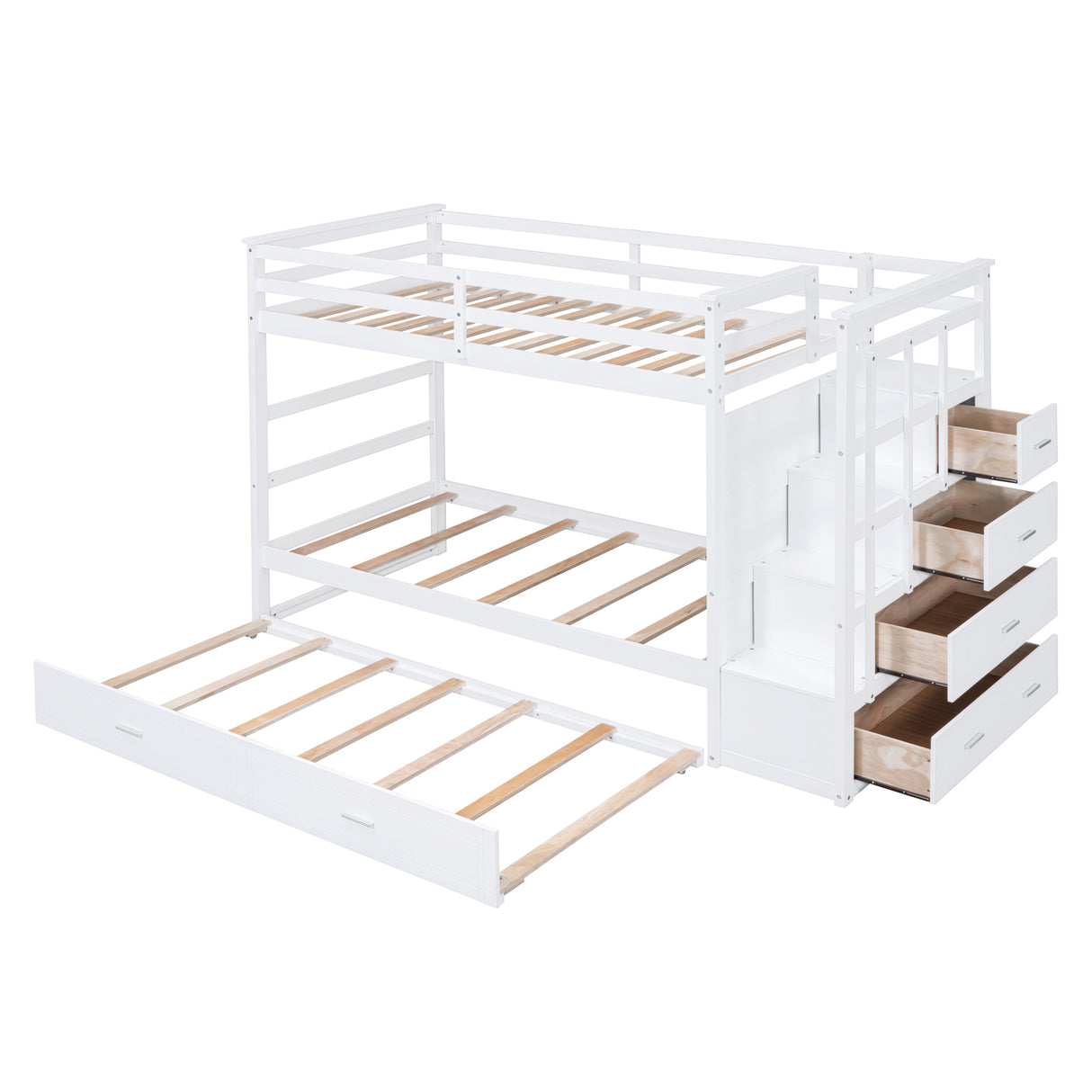 Twin Over Twin Bunk Bed with Trundle and Staircase,White(OLD SKU:LT000068AAK) - Home Elegance USA