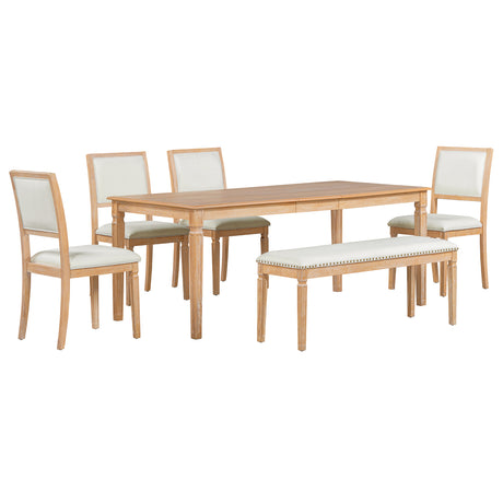 TREXM Vintage Extendable Dining Table Set for 6 with 4 Chairs & Bench, 59 to 72-Inch Rustic Farmhouse Kitchen Table Set with Distressed Finish and Retro Carved Legs (Natural Wood Wash) - sold by Home Elegance USA