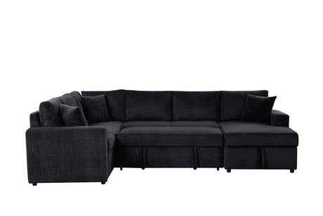 Rinaldo 123'W Black Corduroy Sleeper Sectional Sofa with Right-Facing Storage Chaise and Throw Pillows - sold by Home Elegance USA