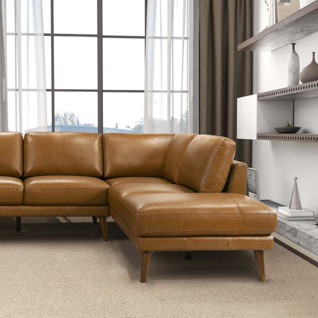 Mid-In Mod Benson Tan Leather Sectional Sofa with Right Facing Chaise - Mid-Century Modern Design - sold by Home Elegance USA