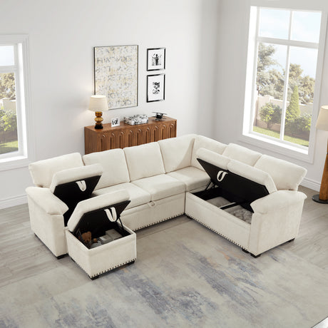 97 Inch L-Shaped Corner Sectional Sofa Couch with Seat and Storage Ottoman,Chenille Fabric Corner Couch with 7 Seats & 2 Pillows for Living Room, Beige - sold by Home Elegance USA