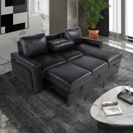 Montero Charcoal-Black Complete Sofabed with Pull-Out Bed, Wood Frame, Semi-Firm Seating, Drop-Down Table, USB and Cup Holders, Storage Chaise - sold by Home Elegance USA