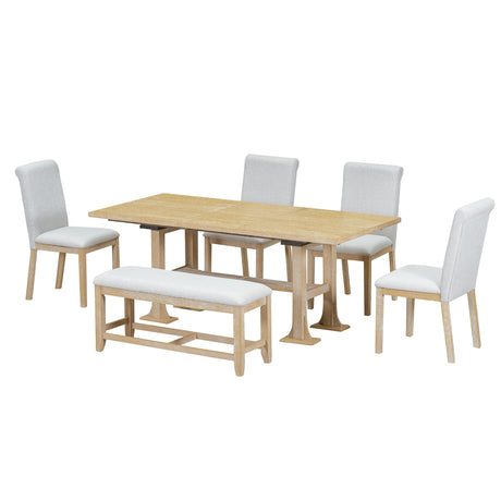 TOPMAX Farmhouse 76inch 6-Piece Extendable Dining Table Set with Trestle Base, Upholstered Chairs & Bench, Natural Wood and Light Gray Fabric - sold by Home Elegance USA