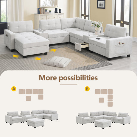 Chenille U Shaped Sectional Sofa with Acrylic Table Top, USB Charger, Storage Drawers, Pockets and Movable Ottoman - sold by Home Elegance USA
