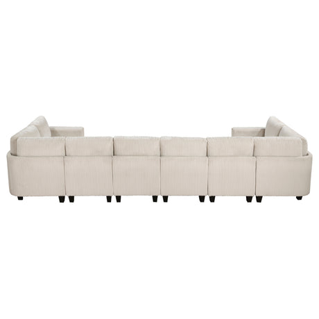 8-Piece Modular Sectional with Storage Seats, Side Pockets, Charging Ports Beige Corduroy Fabric Modern Living Room Sectional Couch Solid Wood Furniture - sold by Home Elegance USA