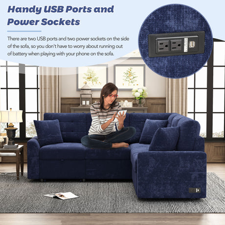 Navy Blue L-shape Sofa Bed with Pull-out Sleeper, USB Ports, Power Sockets, Corded Velveteen, 82.6' - sold by Home Elegance USA