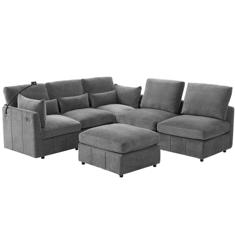 Modern Sectional Sofa Modular Sofa with Movable Ottoman, USB Ports & Phone Holder, Grey Chenille, 85.4' - sold by Home Elegance USA