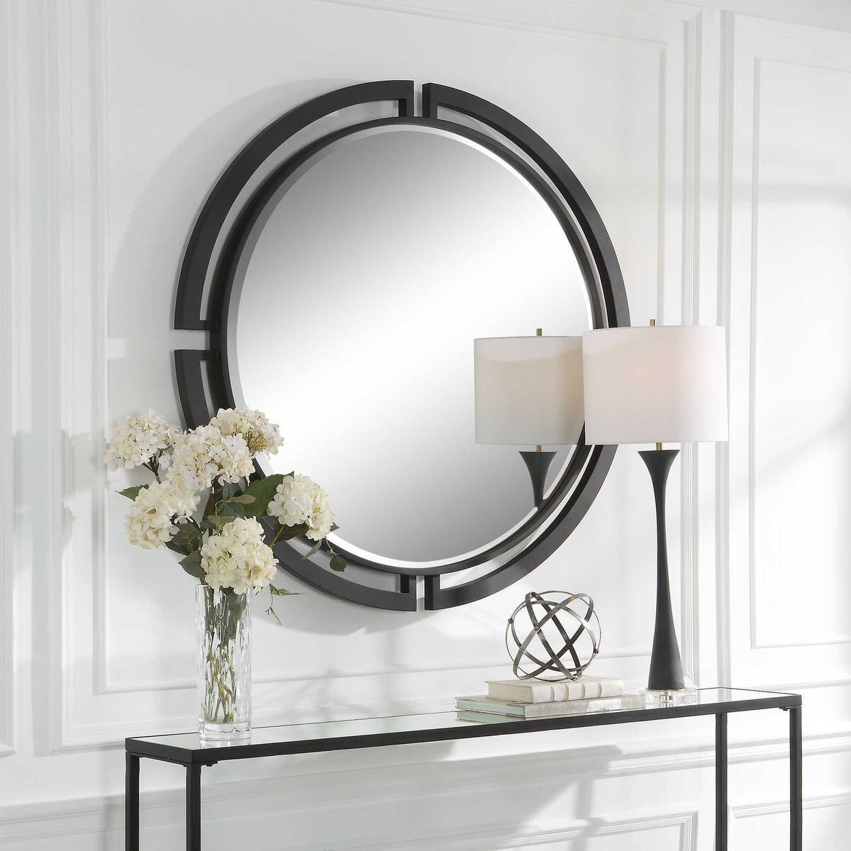 Quadrant Modern Round Mirror - Black by Uttermost - View 3