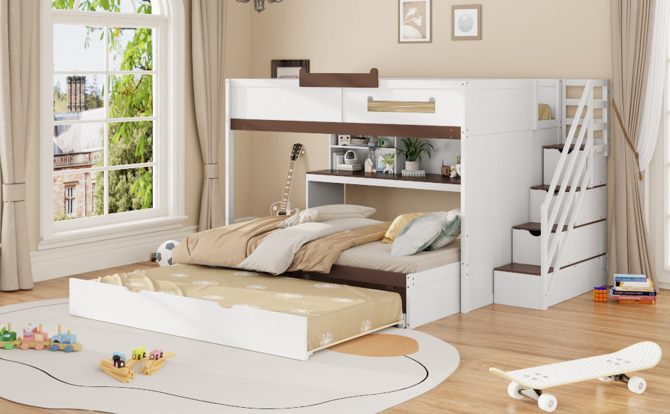 Full Over Full Bunk Bed with Twin Size Trundle and Staircase, Shelves, LED,White - sold by Home Elegance USA