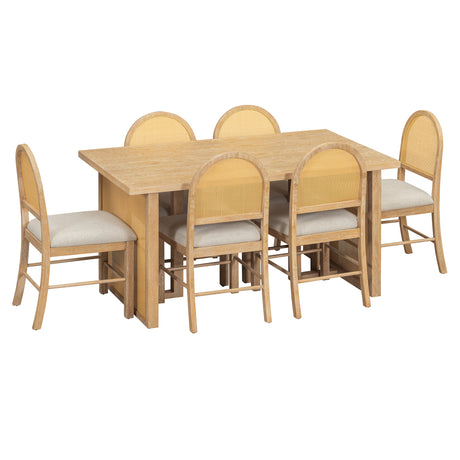 TREXM 7-Piece Farmhouse Dining Table Set for 6 - 59.8' Rectangular Dining Table with Distressed Oak Veneer and 6 Rattan Chairs, Rustic Kitchen Furniture for Dining Room(Natural) - sold by Home Elegance USA