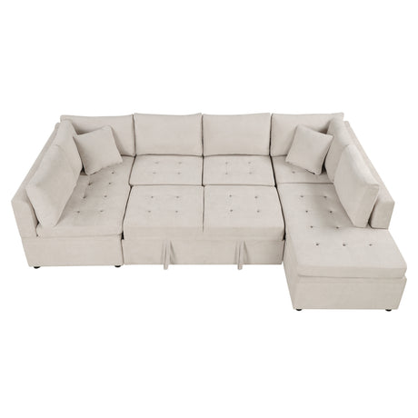 Oversized U-Shaped Sectional Sofa Couch with Pull-out Bed, Beige Chenille, 117.3' - sold by Home Elegance USA