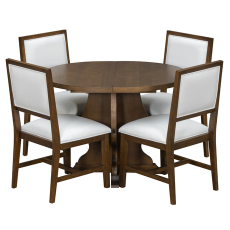 TREXM Farmhouse 5-Piece Dining Table Set with 4 Upholstered Chairs, Wood Extendable Dining Table with 15.7' Leaf for Extra Seating for Dining Room, Kitchen and Living Room (Brown) - sold by Home Elegance USA