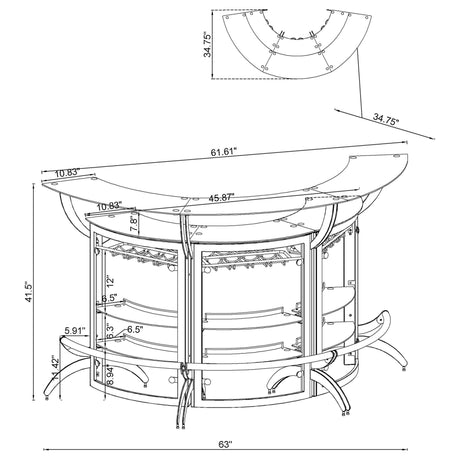Dallas 2 - shelf Curved Home Bar Silver and Frosted Glass (Set of 3) | Coaster | Home Elegance USA