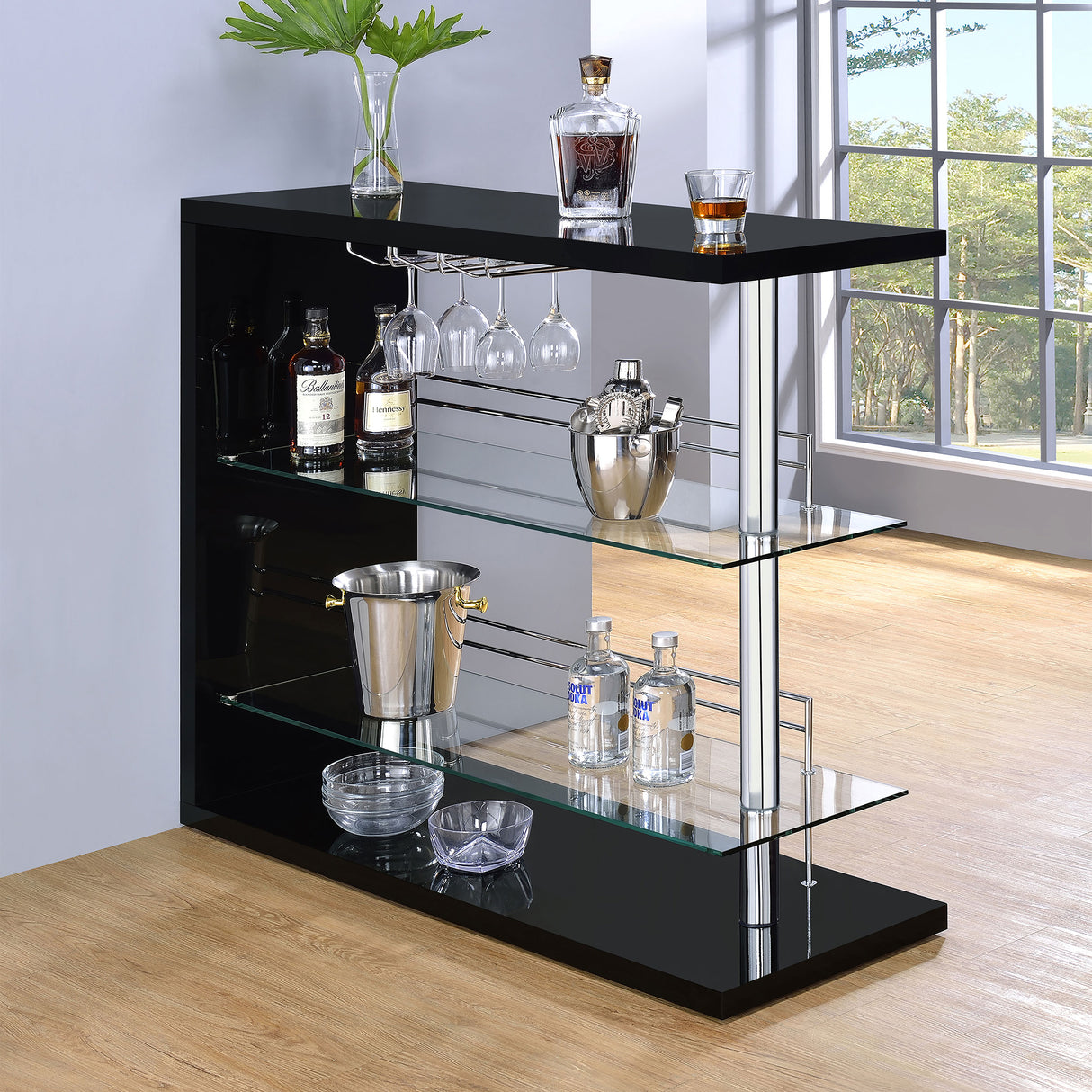 Home Bar - Prescott Rectangular 2-shelf Bar Unit Glossy Black