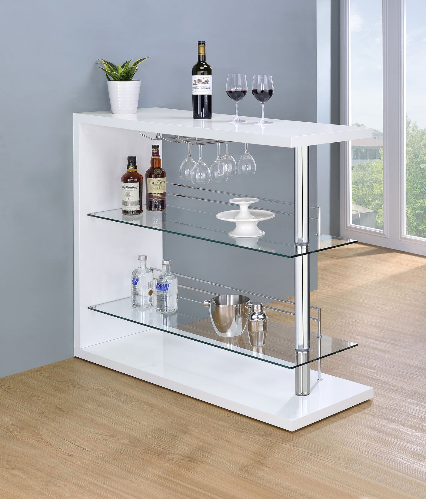 Home Bar - Prescott Rectangular 2-shelf Bar Unit Glossy White