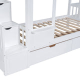Twin-Over-Twin Castle Style Bunk Bed with 2 Drawers 3 Shelves and Slide - White - Home Elegance USA
