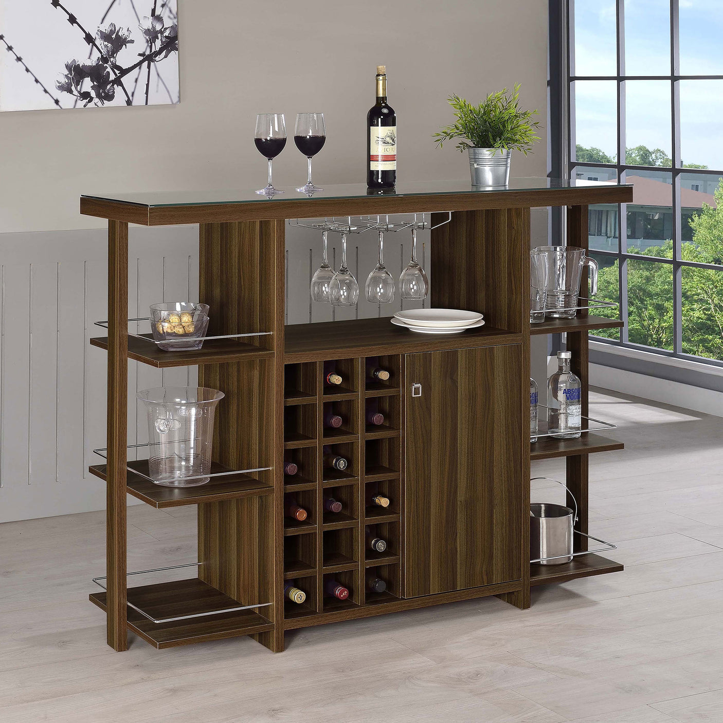 Bar Cabinet - Evelio Bar Unit with Wine Bottle Storage Walnut