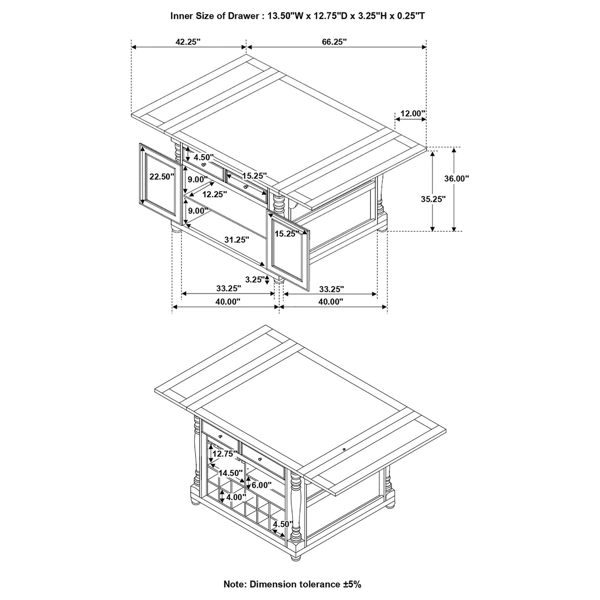 Kitchen Island - Slater 2-drawer Kitchen Island with Drop Leaves Brown and Buttermilk