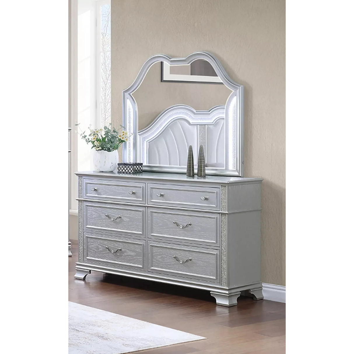 Contemporary Style 1pc Dresser Crystal knobs Pull Handles Gray Finish Bedroom Furniture