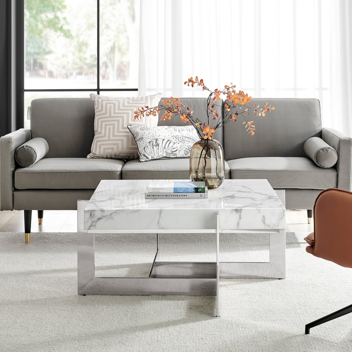 Marmo Reflection Square Coffee Table // Chrome and White Marble  | Finesse