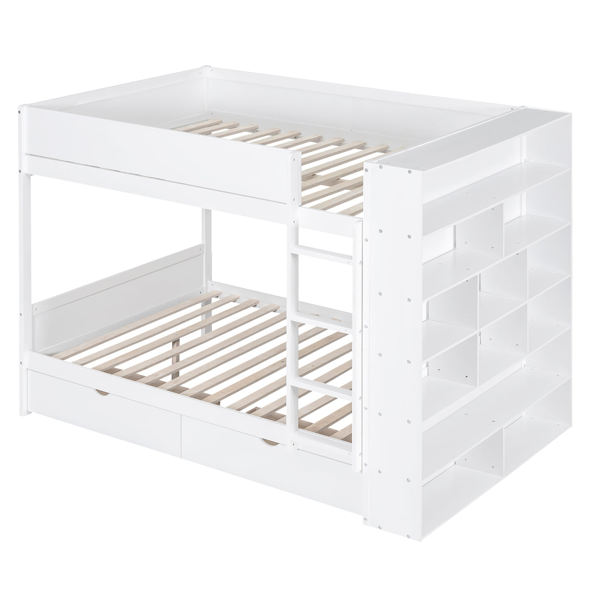 Full over Full Bunk Bed With 2 Drawers and Multi-layer Cabinet, White - Home Elegance USA