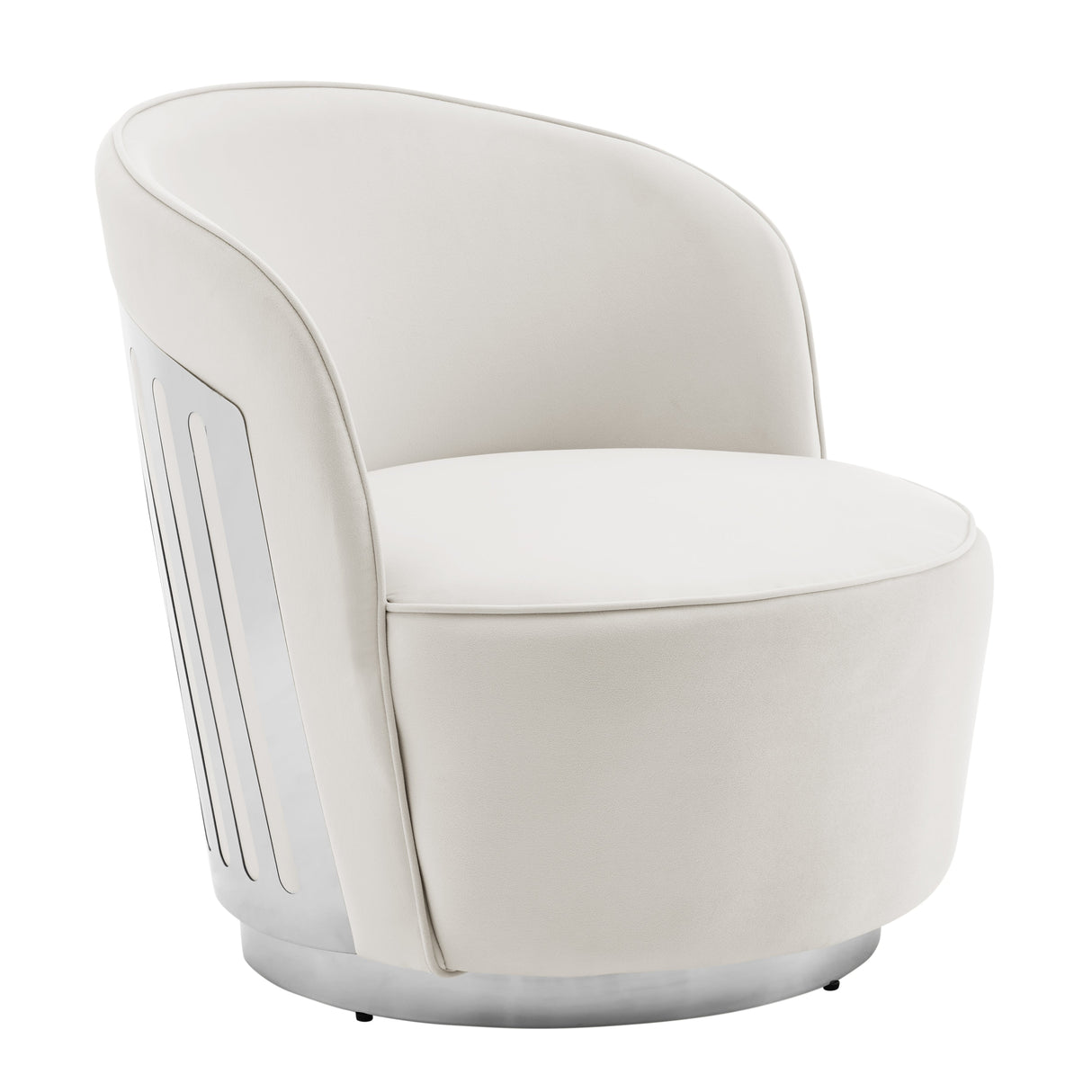 Luxe Elegance Swivel Accent Chair // White with Chrome Back Detail  | Finesse - Home Elegance USA