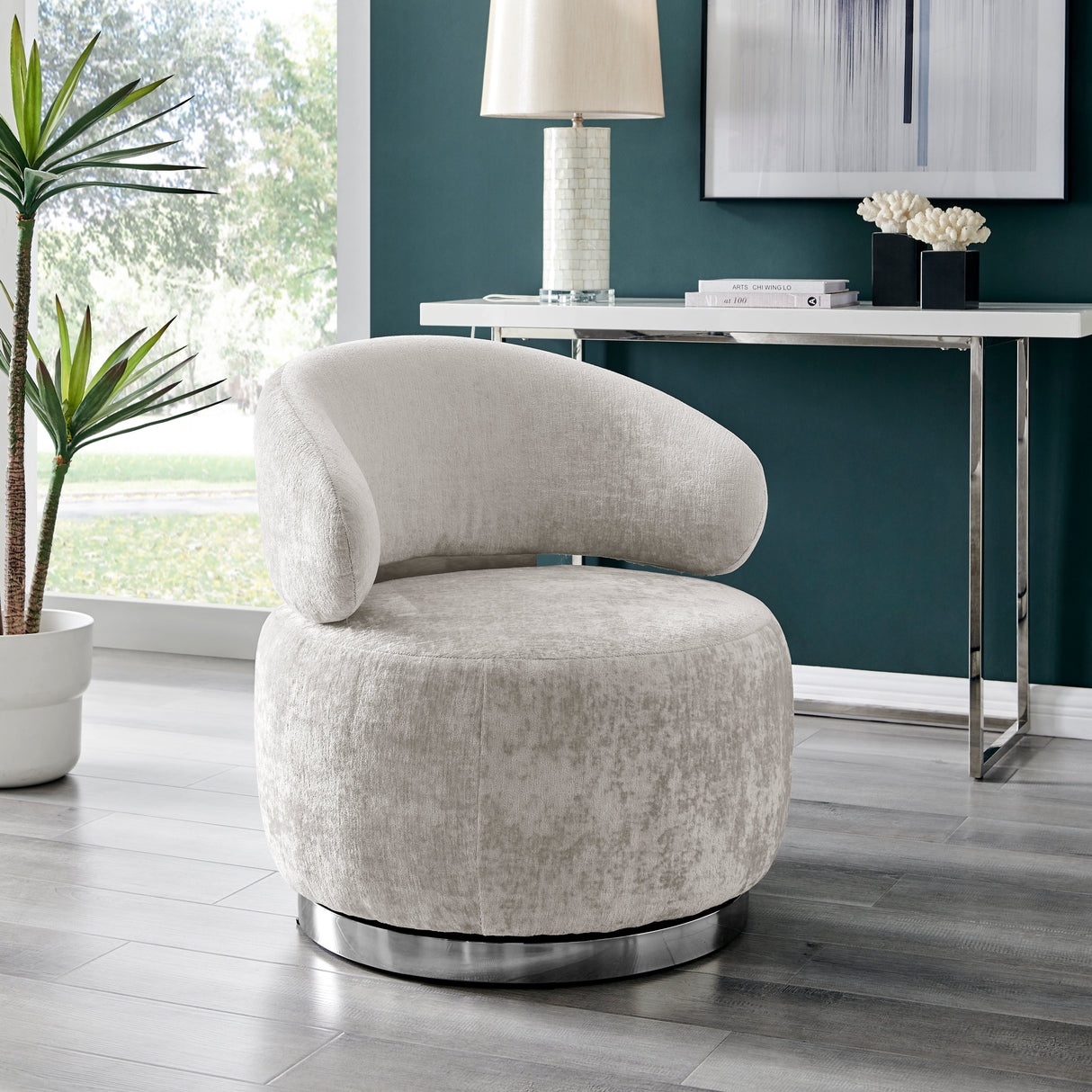 Elegant Swirl Swivel Accent Chair // Gray and Chrome  | Finesse