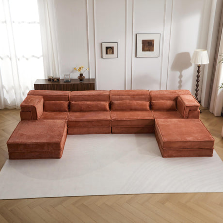 Compression Mahjong Sofa,Convertible Floor Sofa Bed,DIY Boneless Modular Sectional Sofa,No Assembly Required,Circle fleece fabric,Oversized 4 Seater with 2 Ottoman,Orange - sold by Home Elegance USA