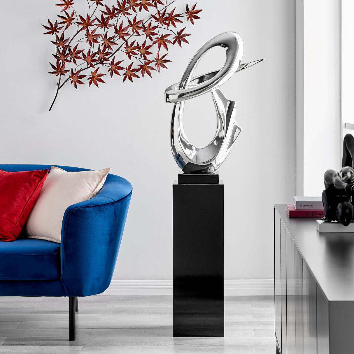 Fluid Abstract 59" Tall Floor Sculpture // Chrome with Black Stand  | Finesse