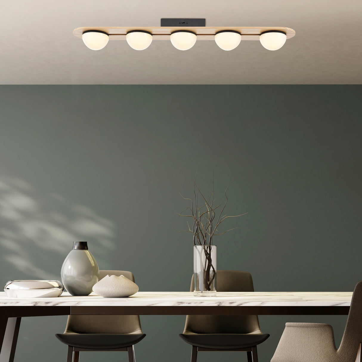 Flush Mount Chandelier Satin Black & Wood  | Finesse