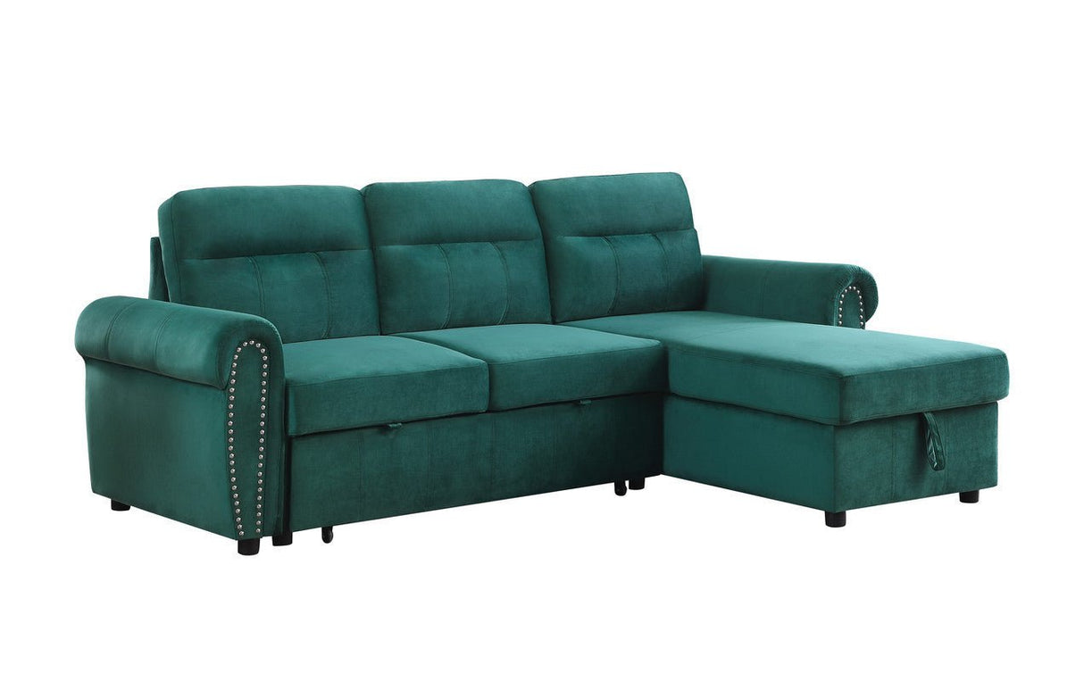 Ashton Green Velvet Fabric Reversible Sleeper Sectional Sofa Chaise - B061S00197 - Home Elegance USA - 2