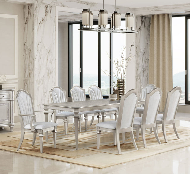 Dining Table - Evangeline 9-piece Dining Table Set with Extension Leaf Ivory and Silver Oak