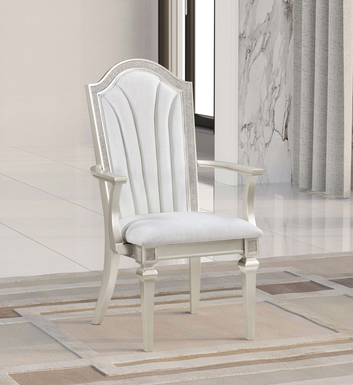 Arm Chair - Evangeline Upholstered Dining Arm Chair with Faux Diamond Trim Ivory and Silver Oak (Set of 2)