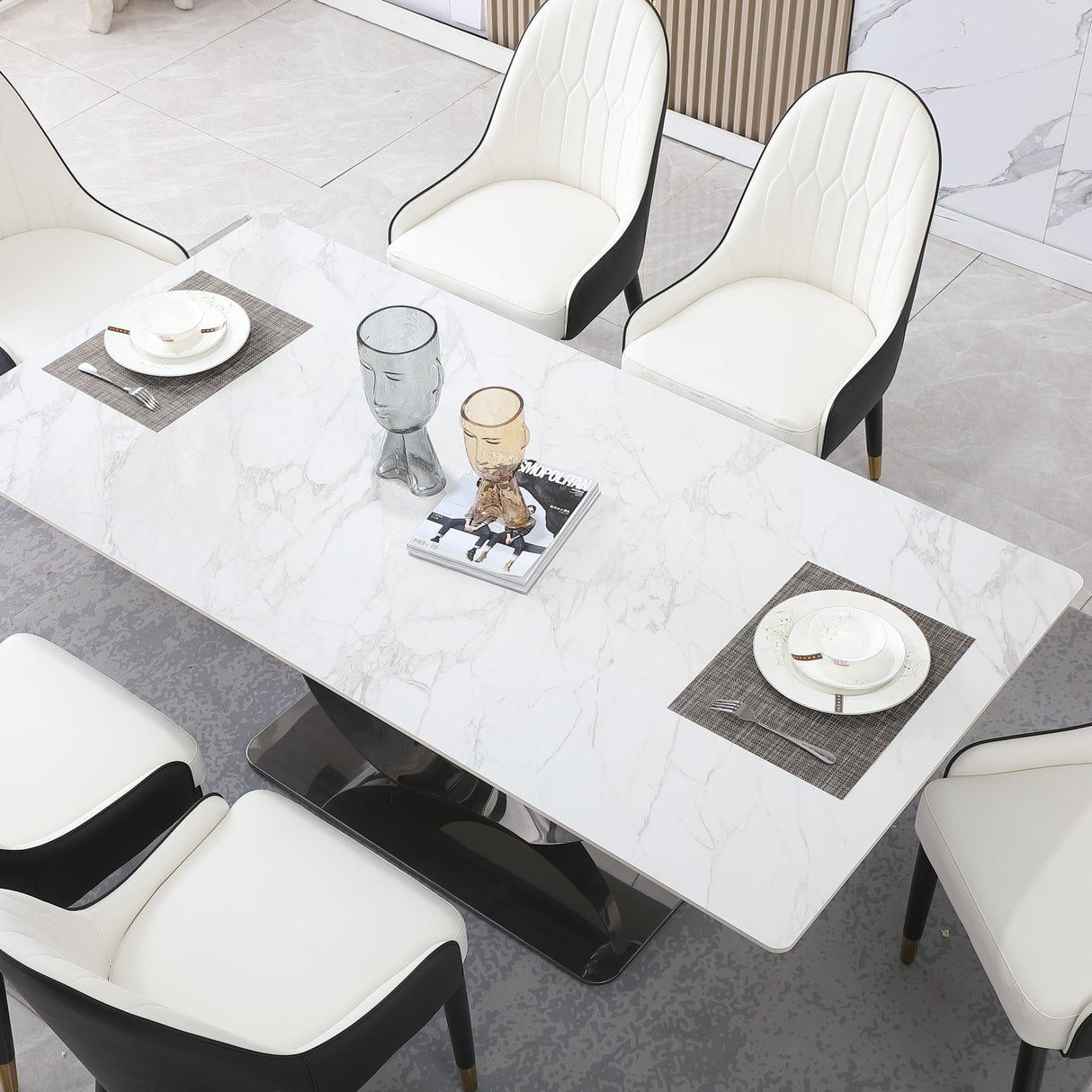 71 - Inch Stone DiningTable with Carrara White color and Round special shape carbon steel Pedestal Base with 6PCS Chairs | Home Elegance USA