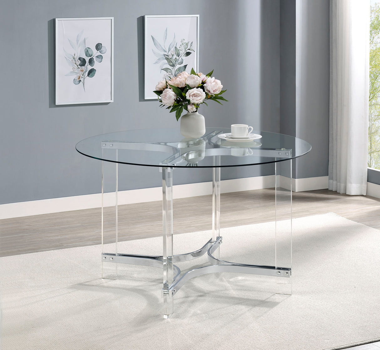 Keeling 47-inch Round Glass Top Acrylic Dining Table Chrome - Home Elegance USA