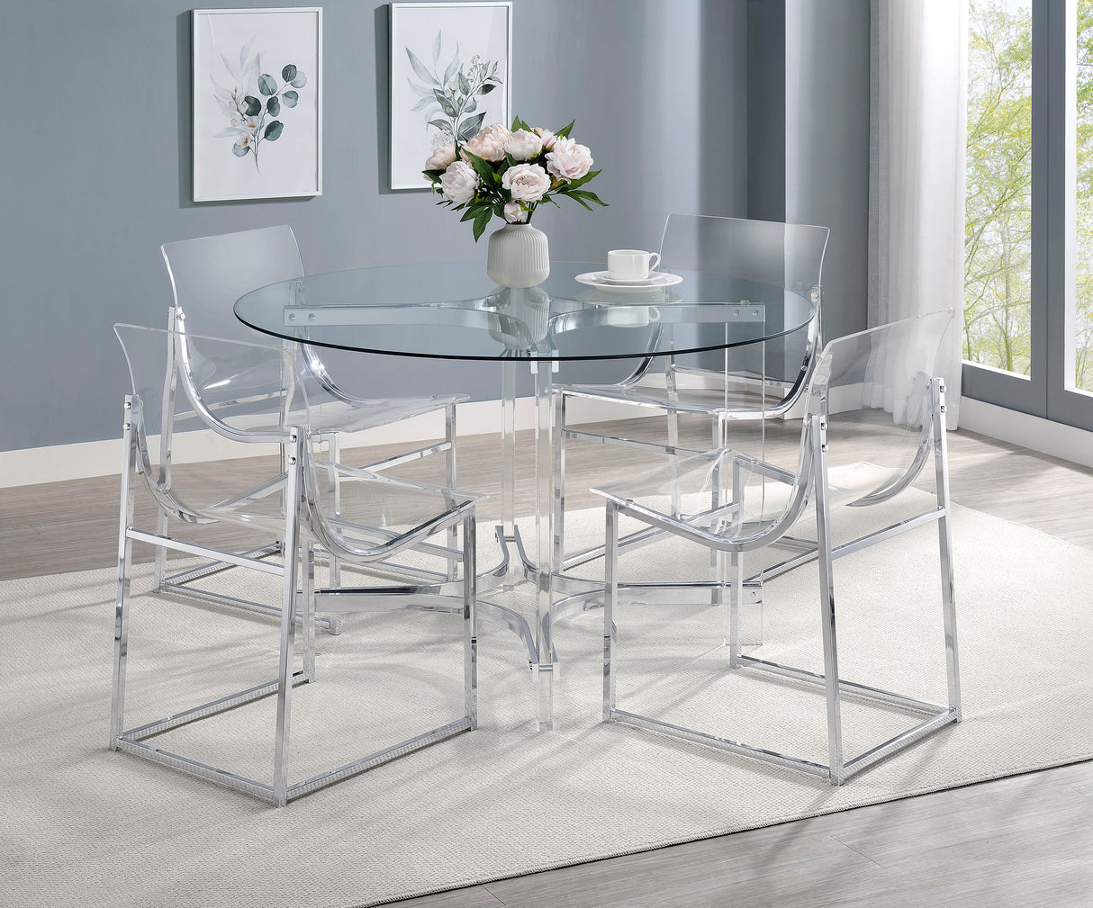 Keeling 47-inch Round Glass Top Acrylic Dining Table Chrome - Home Elegance USA