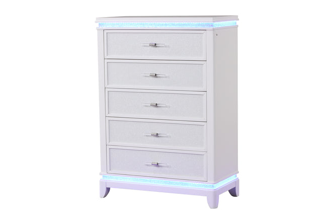 Opium Modern Style 5-Drawer Chest with Diamond Drawer Pulls and Reflective Accents Made With Wood in White same as G150108865 (NJ inventory)