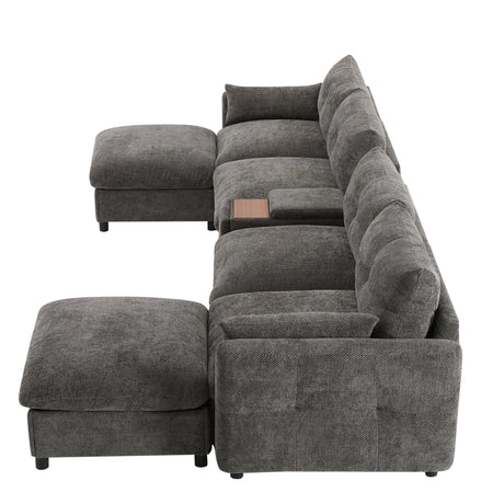 136'' Modular Sectional Sofa with Console, Cup Holder, USB Charger, Movable Storage Ottoman, Pull-line&Tufted Design, U-Shaped Oversized Chenille Sofa for Living Room&Apartment,2 Colors - sold by Home Elegance USA